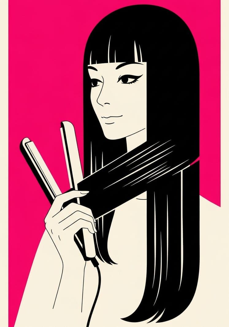 Retro Japanese illustration of a woman with sleek straight hair holding a flat iron
