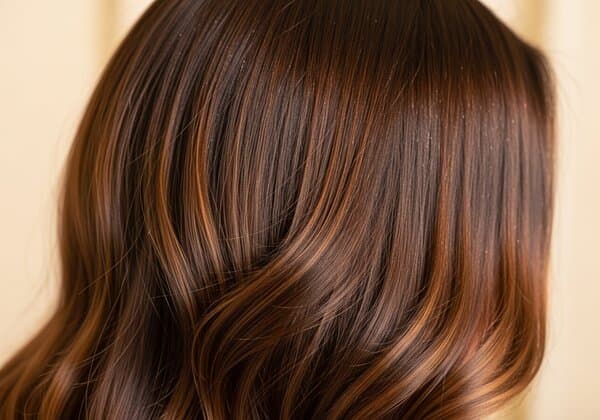 Rich dimensional hair color with warm caramel and chocolate tones