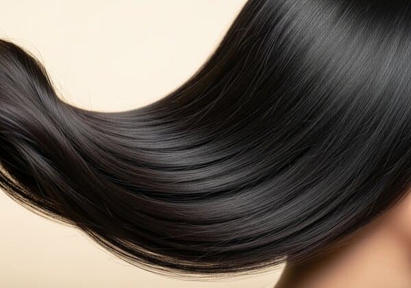 Sleek, glossy straight black hair after Japanese hair straightening treatment